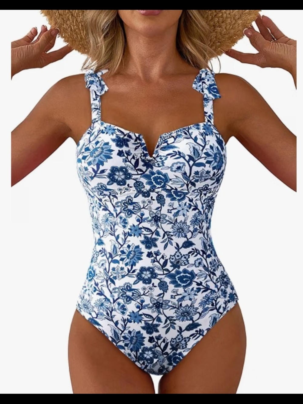 Blue Floral One-Piece Swimsuit with Tie Straps
